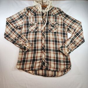 BKE Vintage Mens Hooded Flannel Shirt Size Large Long Sleeve Brown Black Plaid